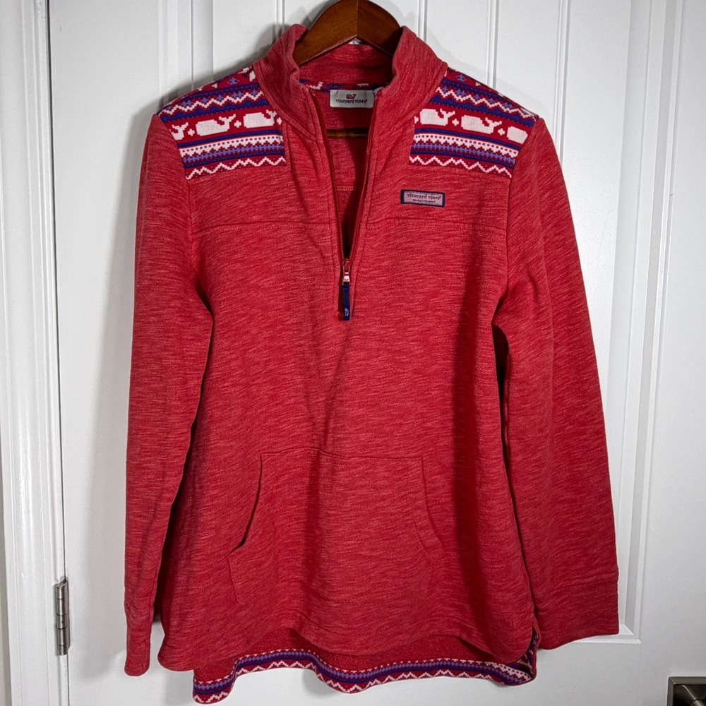 Vineyard Vines Womens Red Fair Isle Whale Quarter Zip Pullover Sweater Large